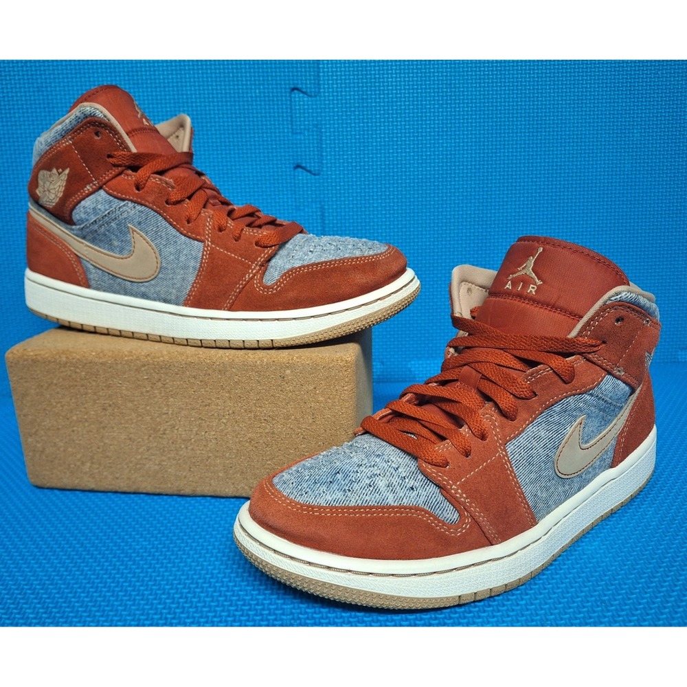 Nike Air Jordan 1 Mid Cinnabar Red Denim Sneakers US Size 8.5 Men's DM4352-600